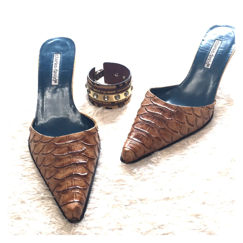 Vintage mule tan pointed toe reptile - Picture 2 of 12